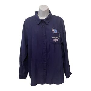Disney Eeyore Hello Sweet Thing Embroidered Long Sleeve Button Up  Women's Navy